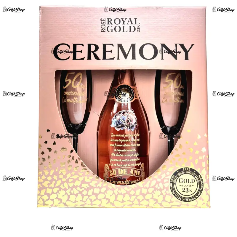 Pachet pentru cadou zarea ceremony, rose royal gold 23k, alb 0.75l cu 2 pahare personalizat